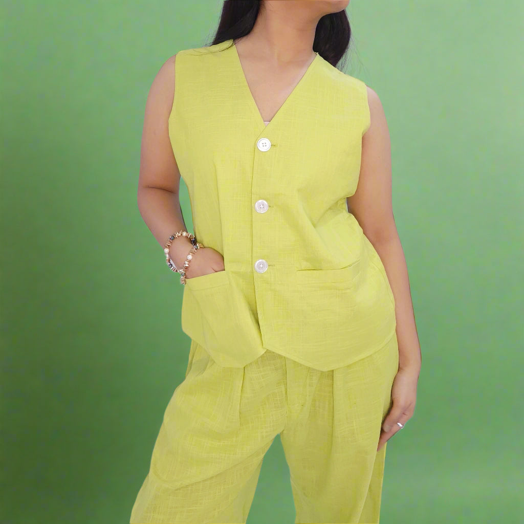 Person wearing a yellow sleeveless top and pants set on a white background
