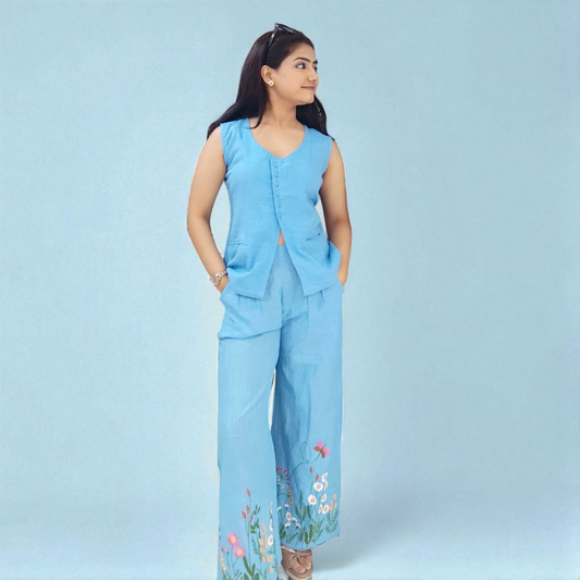 Sleeveless waistcoat blue co-ord set