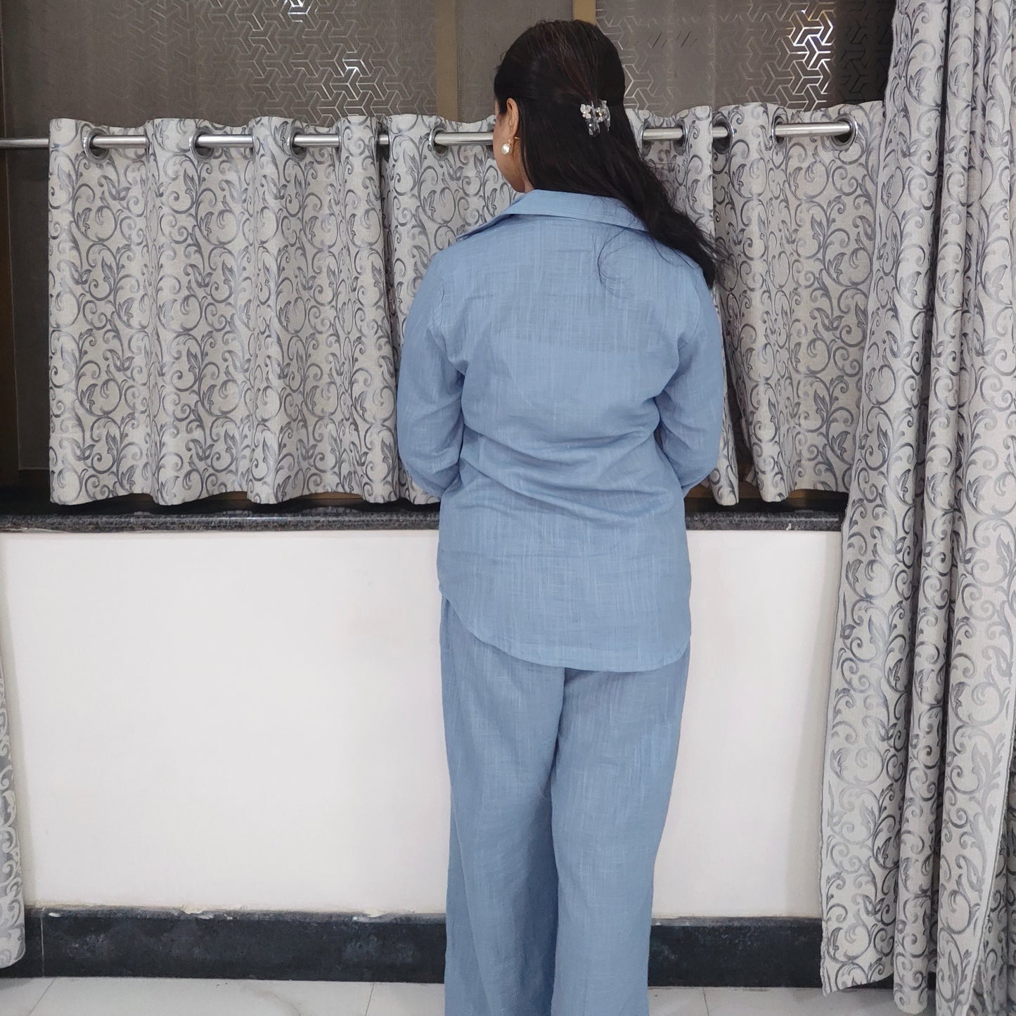Greyish-blue Shirt-style set