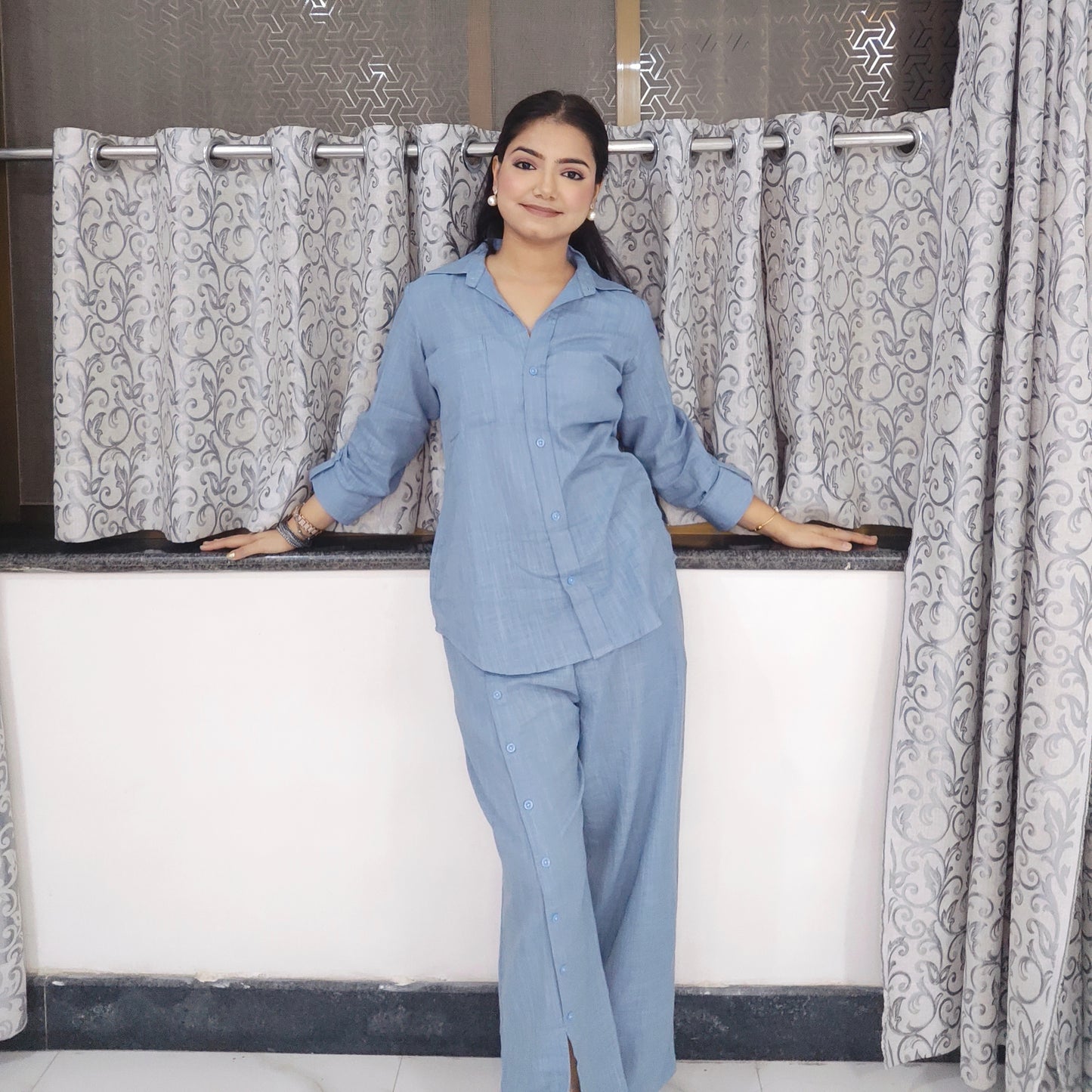 Greyish-blue Shirt-style set