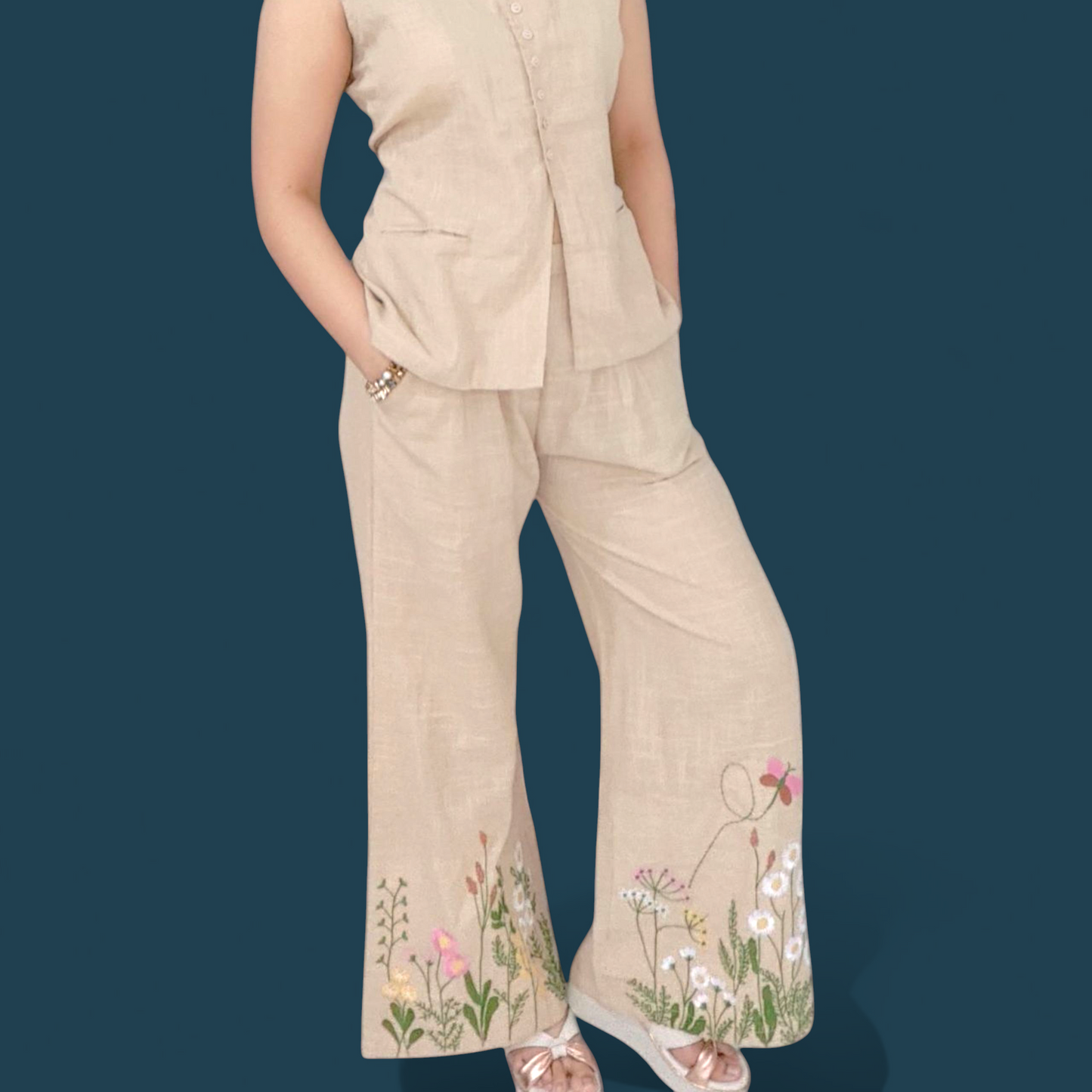 Sleeveless beige waistcoat co-ord set