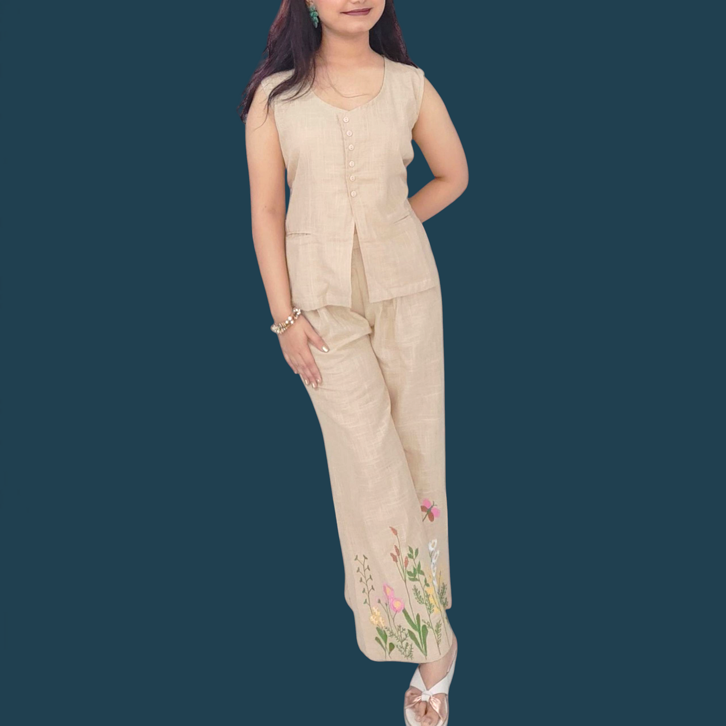 Sleeveless beige waistcoat co-ord set