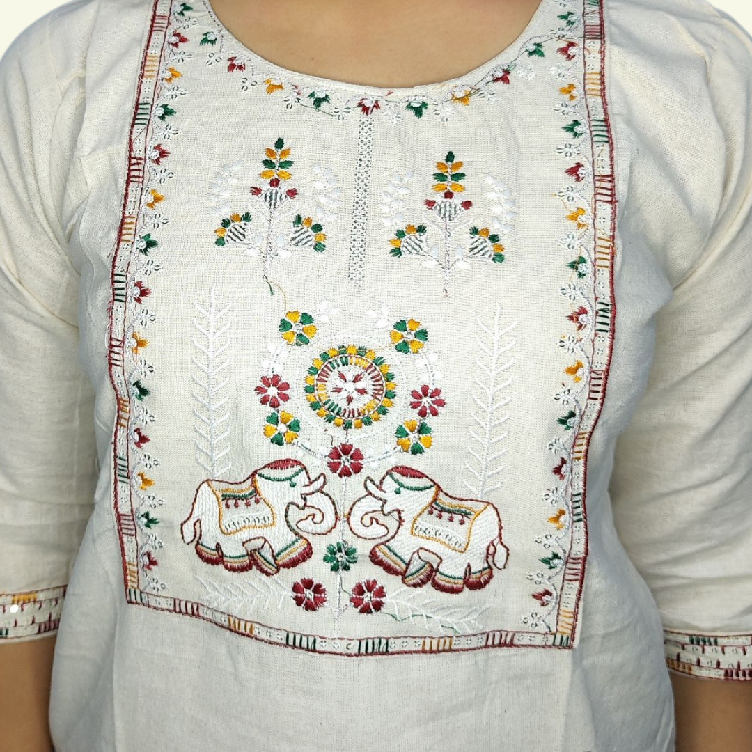 Embroidered Off white short kurti