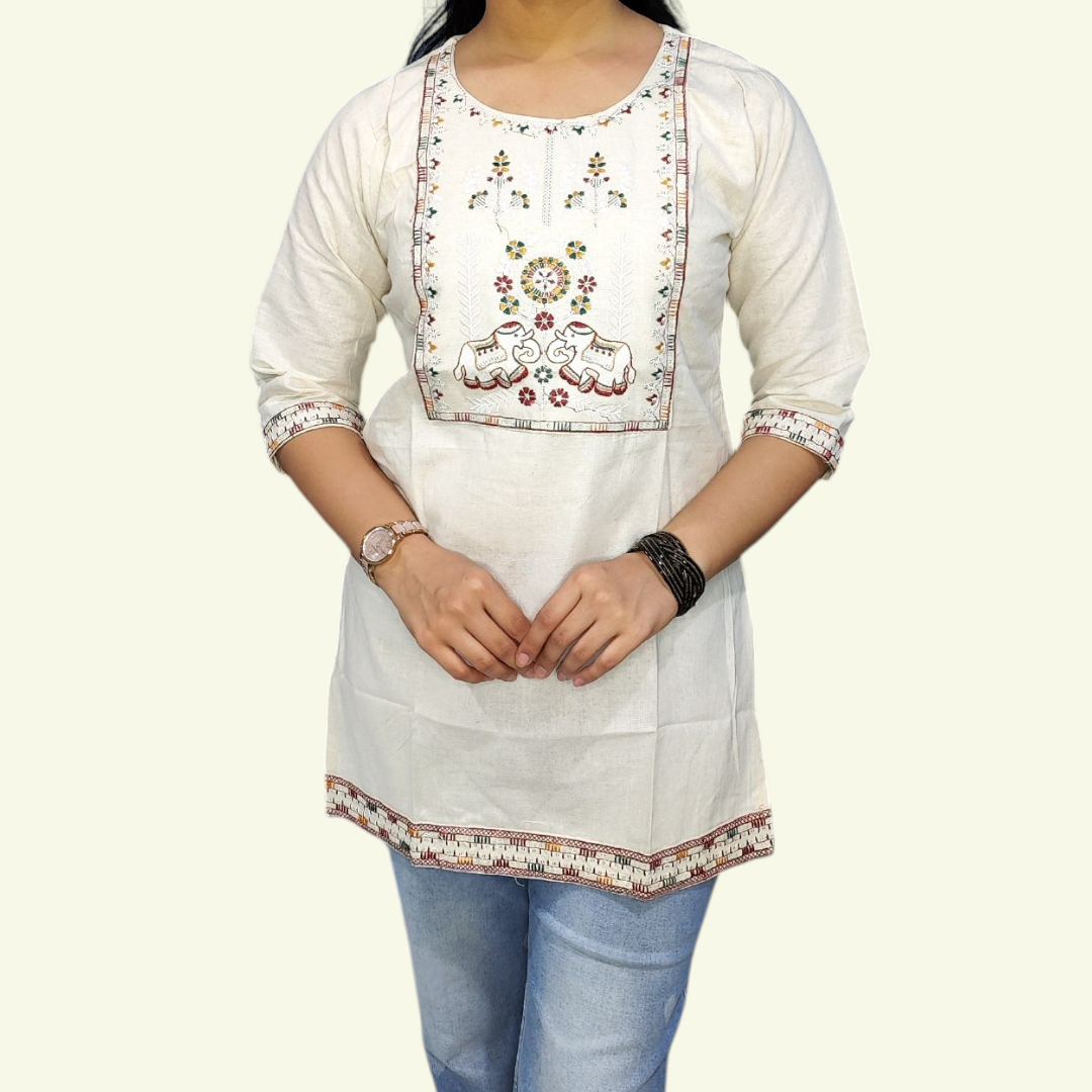 Embroidered Off white short kurti