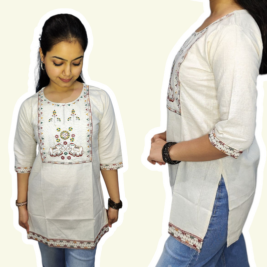 Embroidered Off white short kurti
