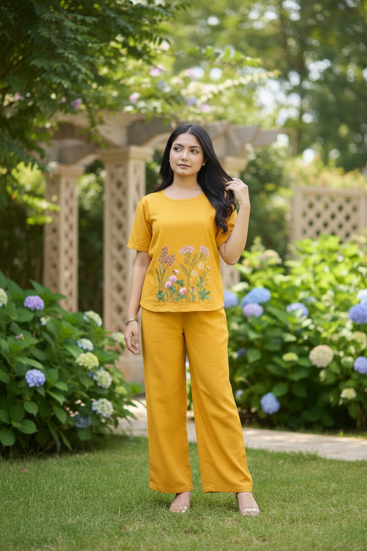 Woman in a mustard yellow outfit with floral embroidery standing in a garden.