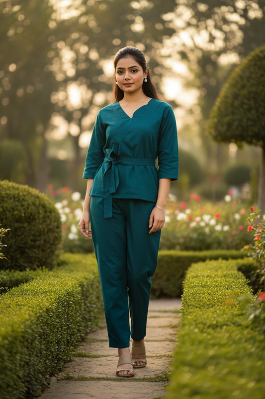 Woman wearing a teal outfit on a green background