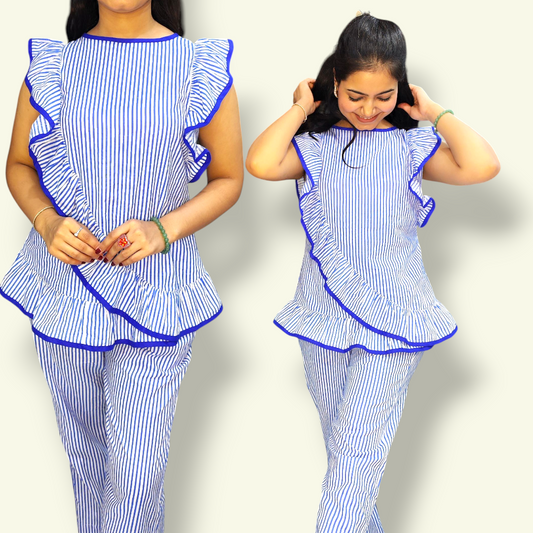 Striped Blue Ruffle Co-ord Set