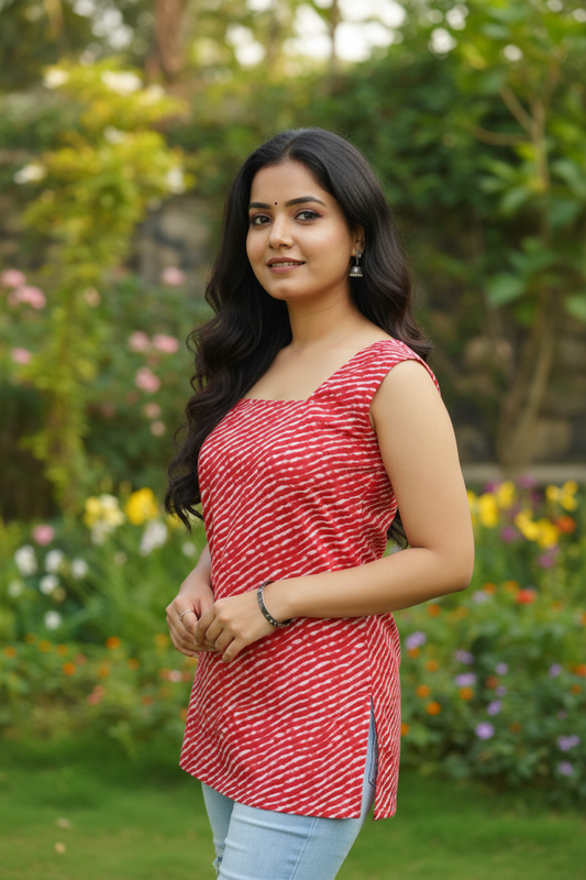 Woman in a red patterned top standing in a garden with greenery and flowers.