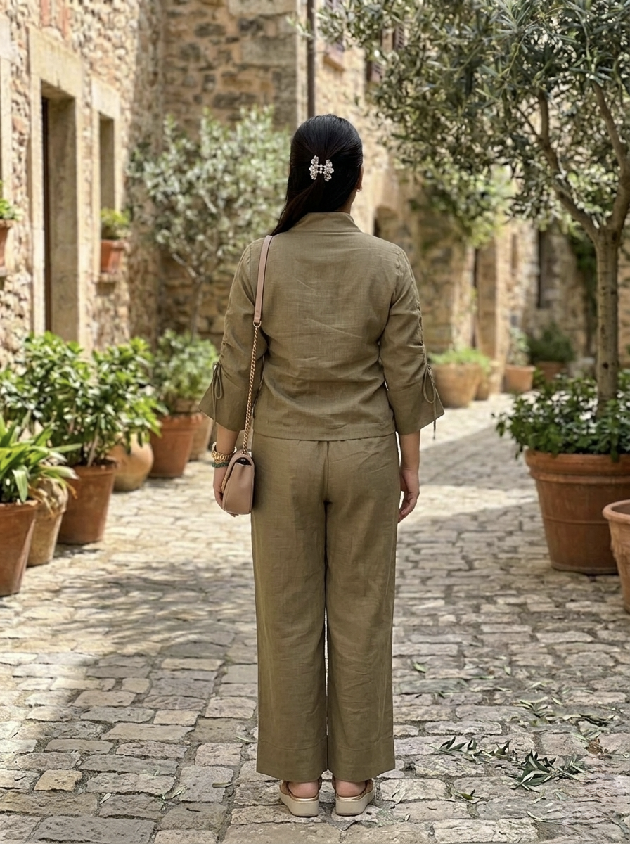 Person in a mud brown coord set walking down a stone-paved street with potted plants on either side.
