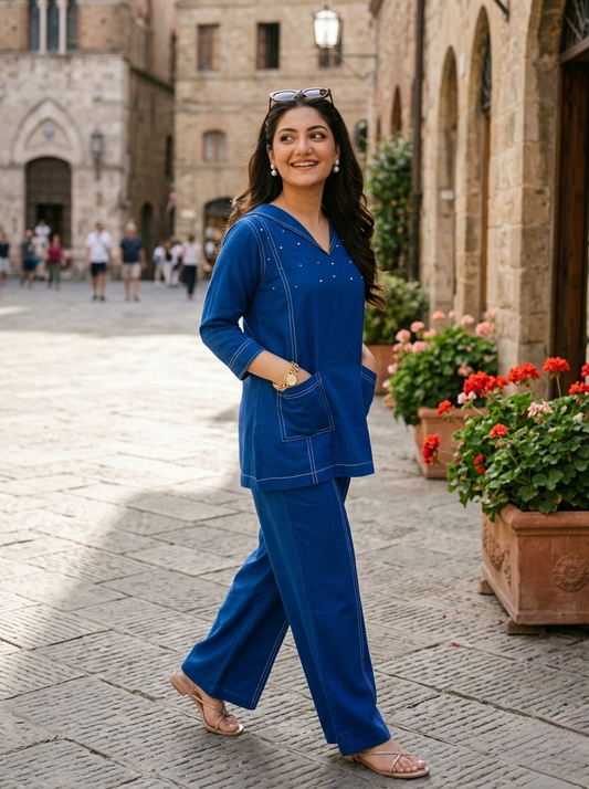 Woman in a blue outfit walking on a stone street with buildings and potted plants in the background.