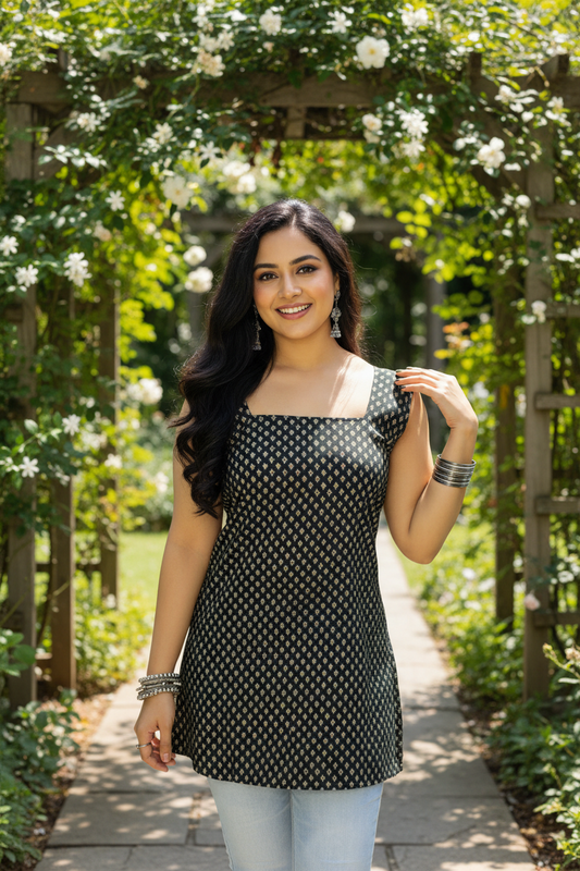 Woman wearing a black polka dot dress standing in a garden with greenery and flowers.