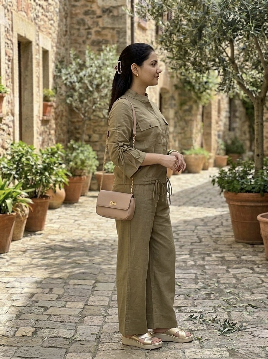 Woman in a mud brown coord set standing in an outdoor setting with potted plants and stone pathways.