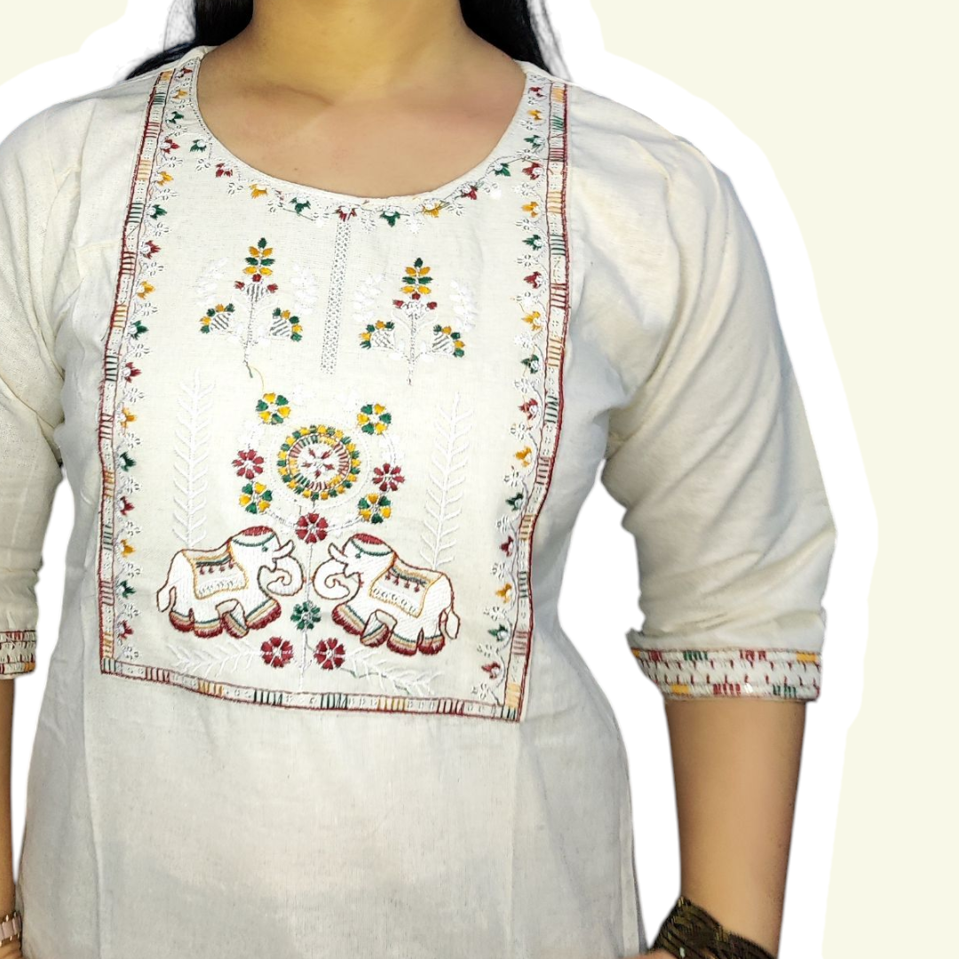 Embroidered Off white short kurti