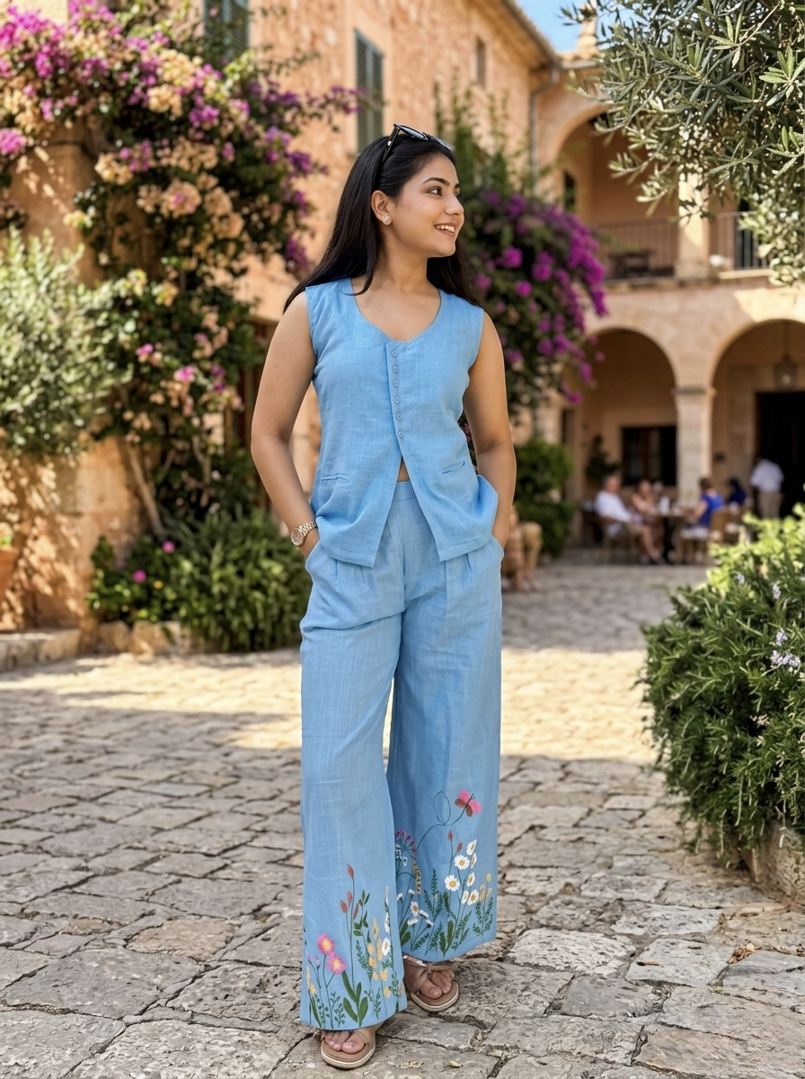 Sleeveless waistcoat blue co-ord set