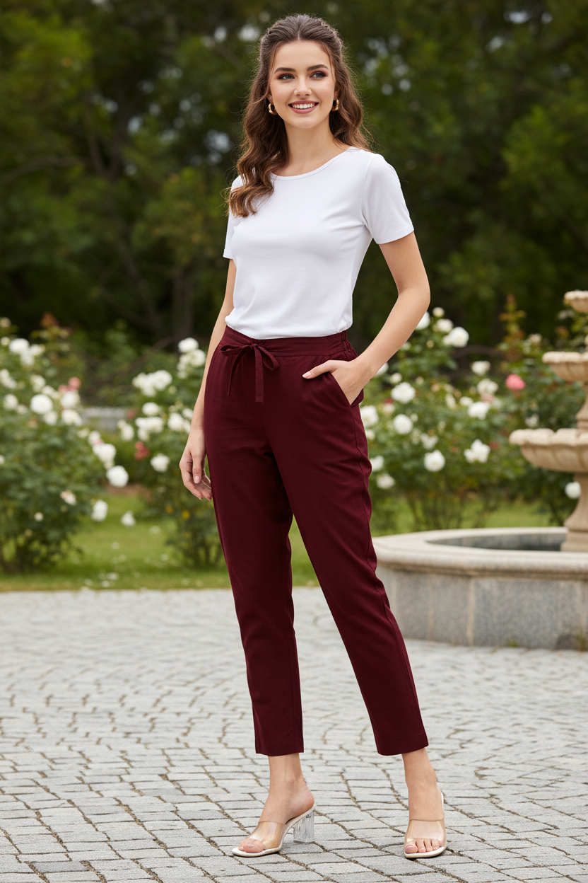 Woman wearing a white top and burgundy pants standing in a garden with flowers and a fountain.
