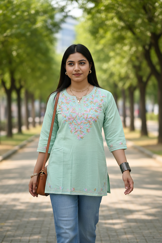 Person wearing a light green floral top and blue jeans on a pink background